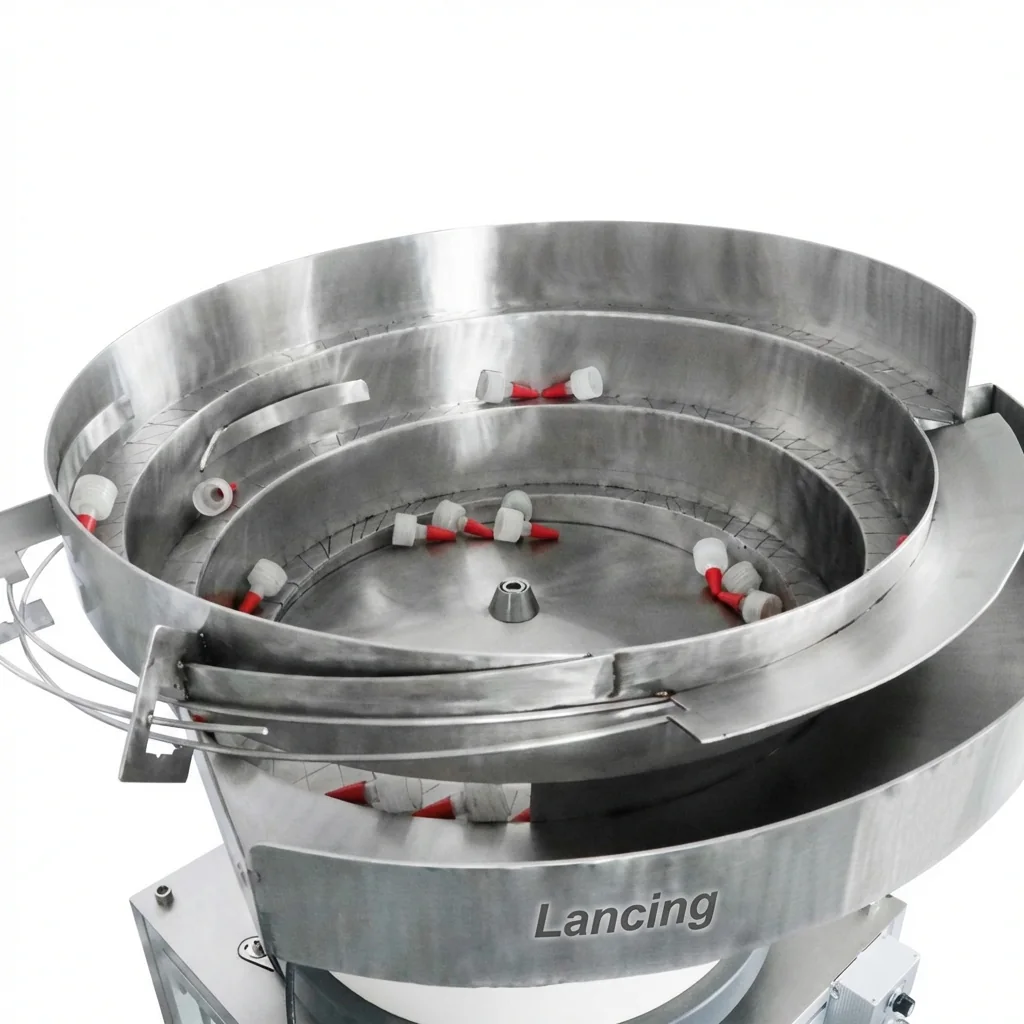 Inside a stainless vibratory bowl feeder with parts on the track