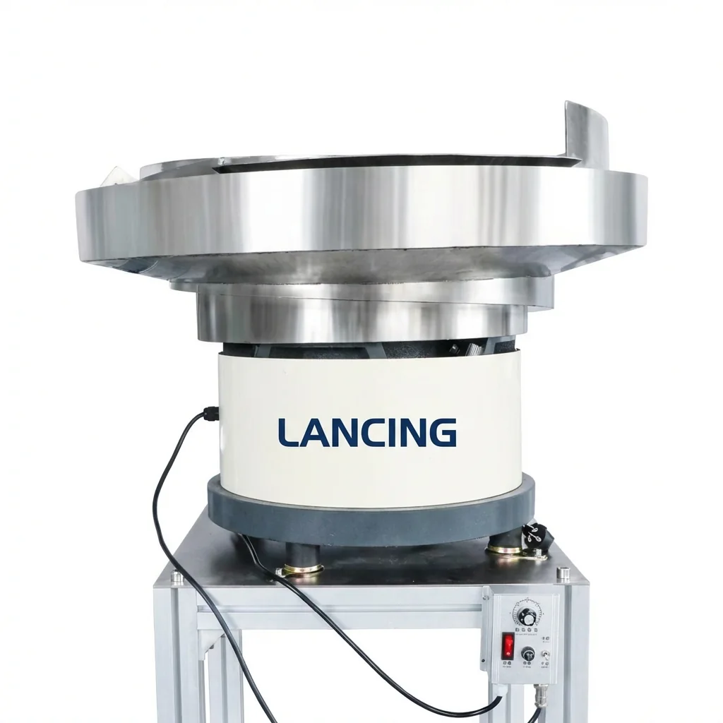 Close-up of a Lancing vibratory bowl feeder bowl and drive unit