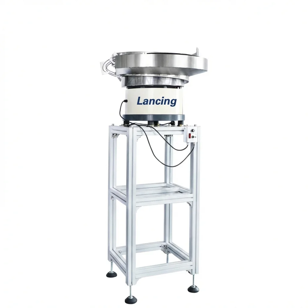 Vibratory bowl feeder on a stainless stand